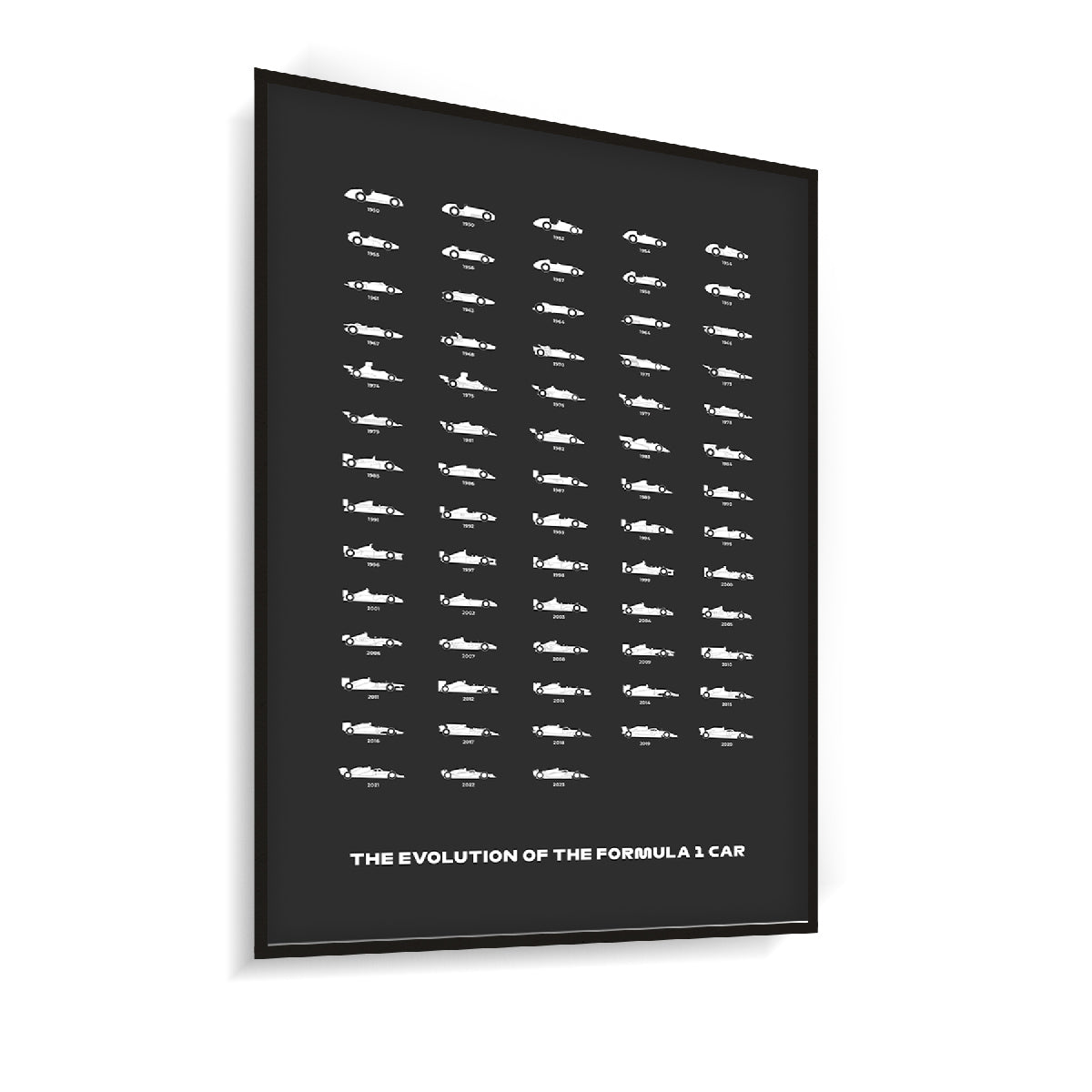 Quadro Decorativo Evolução dos Carros de Fórmula 1 Fundo Preto