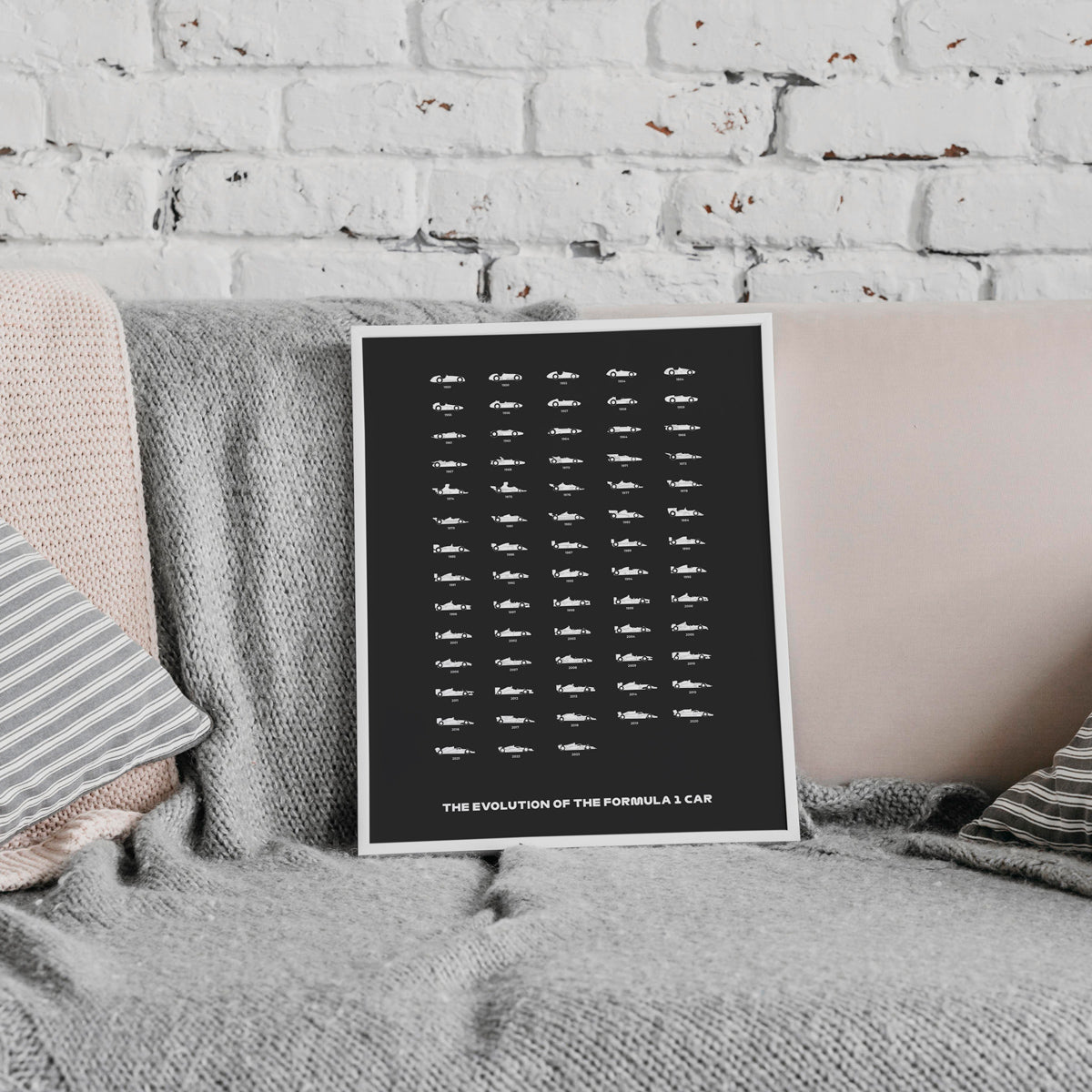 Quadro Decorativo Evolução dos Carros de Fórmula 1 Fundo Preto