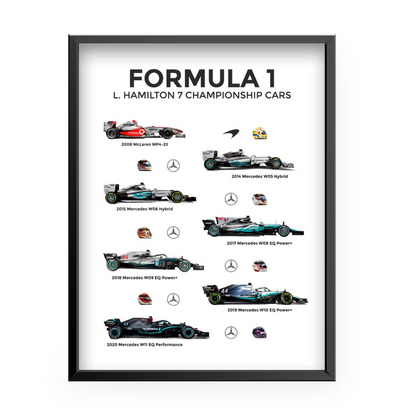 Quadro Decorativo Lewis Hamilton 7 Times World Champion Carros e Capacetes - Com Moldura