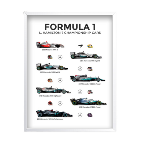 Quadro Decorativo Lewis Hamilton 7 Times World Champion Carros e Capacetes - Com Moldura