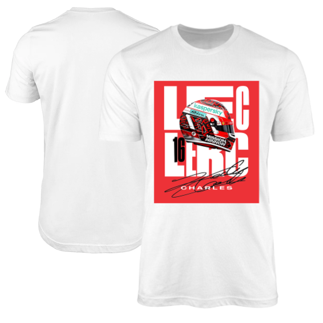 Camiseta Scuderia Ferrari Charles Leclerc 16 Branca Capacete F1 2021