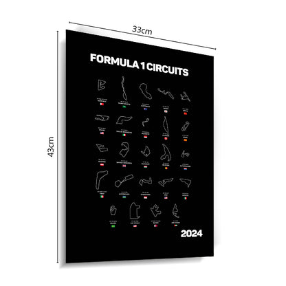 Quadro Decorativo Formula 1 Circuitos 2024 Fundo Preto C/ Moldura
