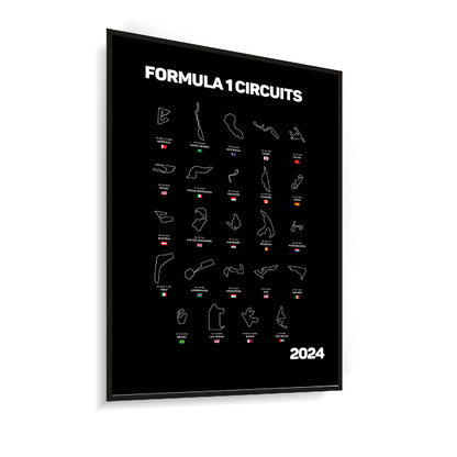 Quadro Decorativo Formula 1 Circuitos 2024 Fundo Preto C/ Moldura