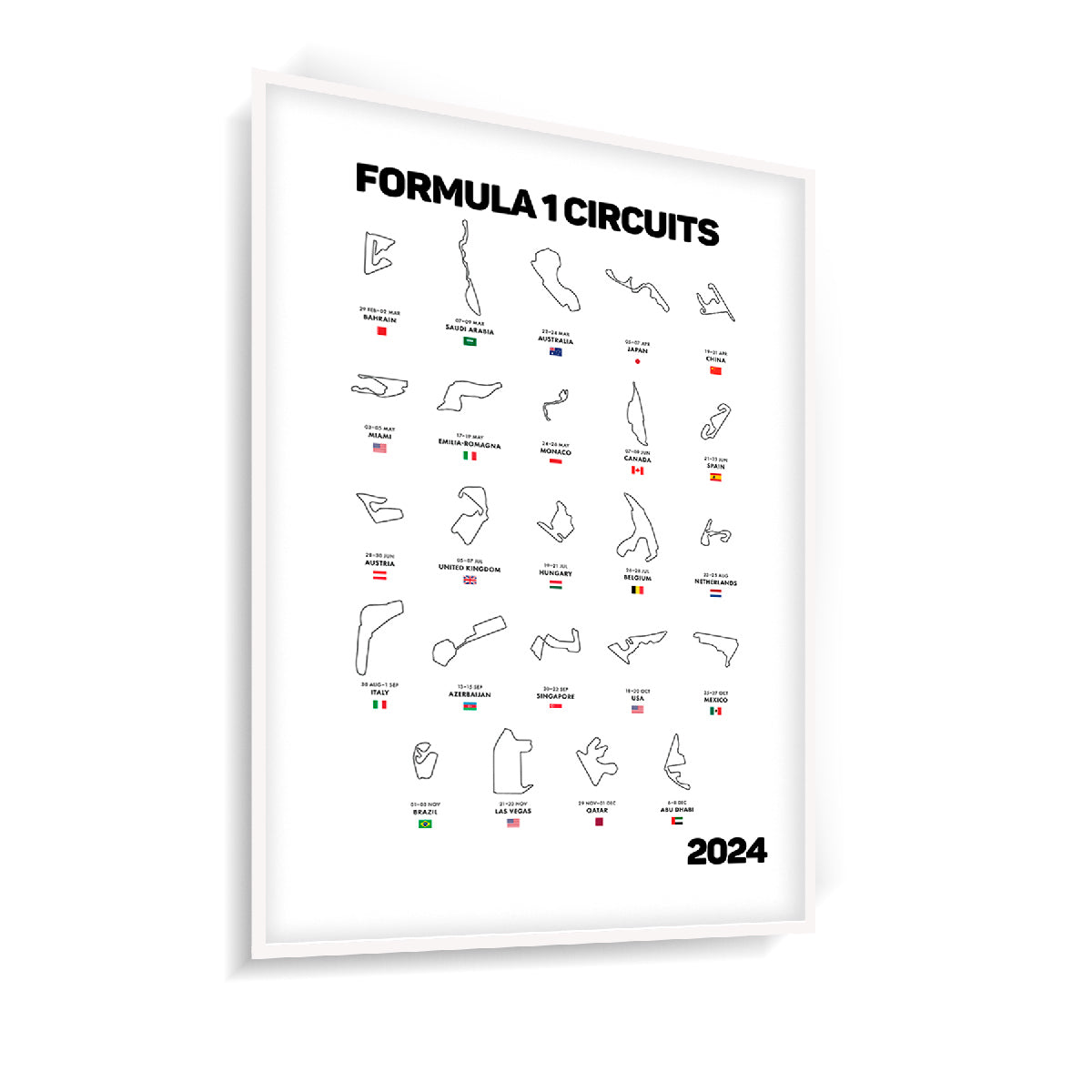 Quadro Decorativo Formula 1 Circuitos 2024 Fundo Branco C/ Moldura