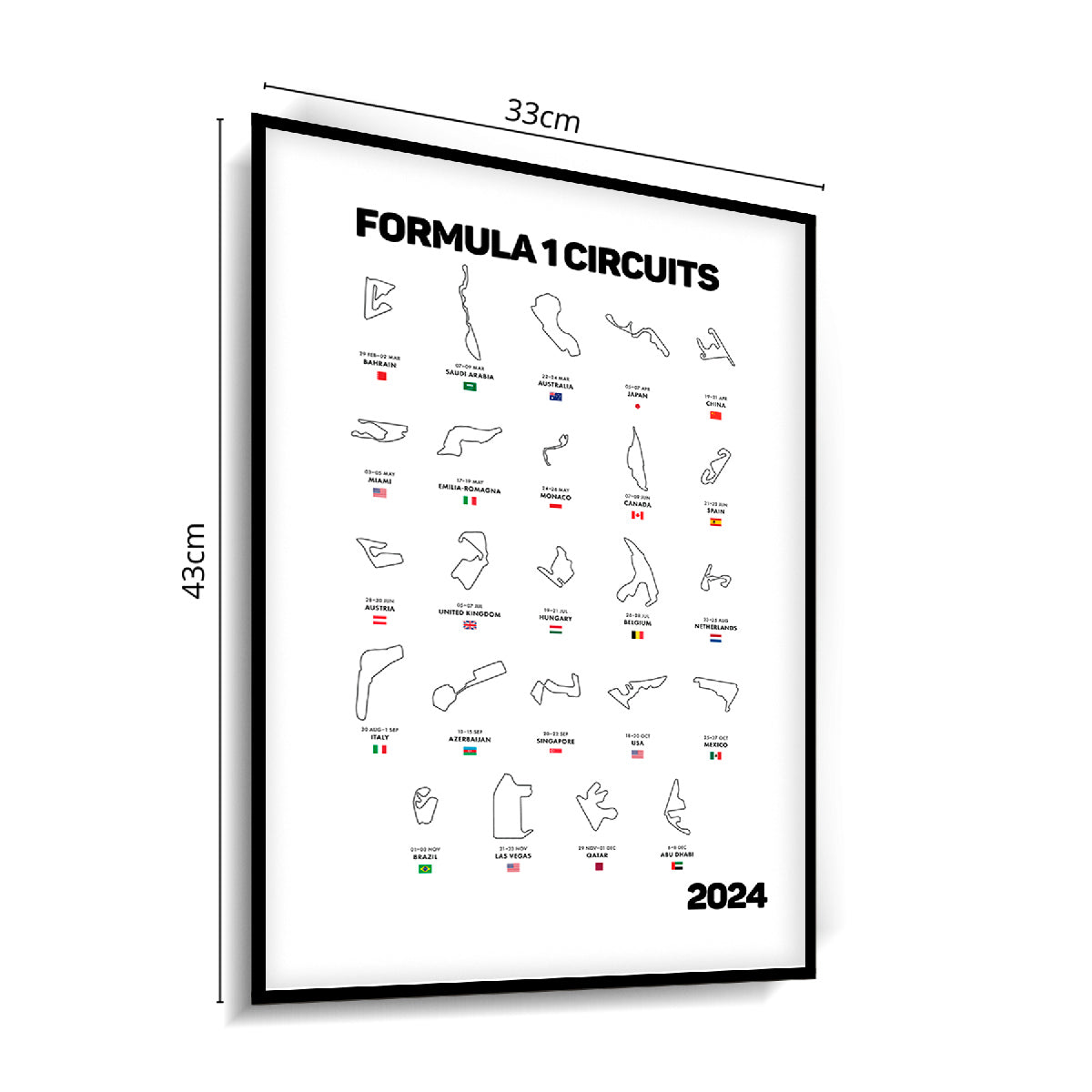 Quadro Decorativo Formula 1 Circuitos 2024 Fundo Branco C/ Moldura