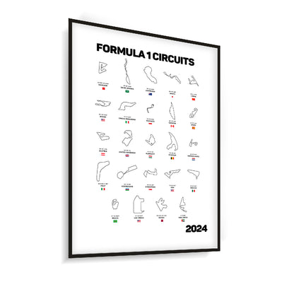 Quadro Decorativo Formula 1 Circuitos 2024 Fundo Branco C/ Moldura