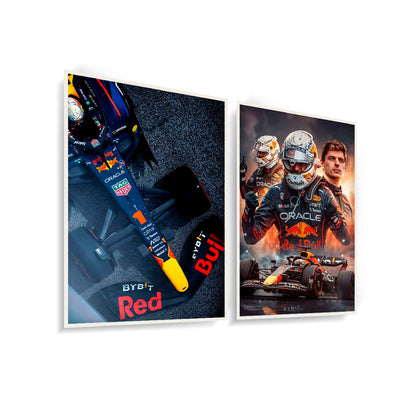 Dupla de Quadros Decorativos Max Verstappen 1 Bicampeão Mundial F1 2022 + RB18 Max Verstappen 1 Temporada 2022